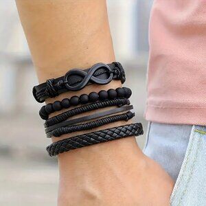 Mens Black Woven and Beaded Bracelets with Infinity Symbol